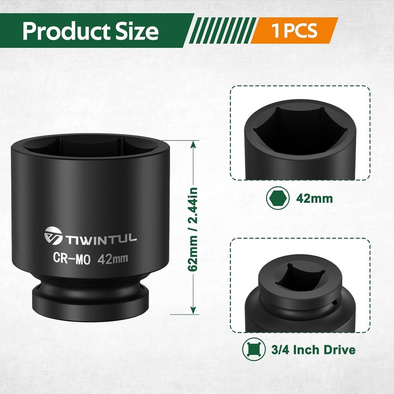TIWINTUL 3/4 Inch Drive Metric Impact Socket 42mm, 6-Point Design, Heat-Treated Chrome Molybdenum Alloy Steel, Spindle Axle Nut Socket for Auto Repair, Easy Removal - Image 2
